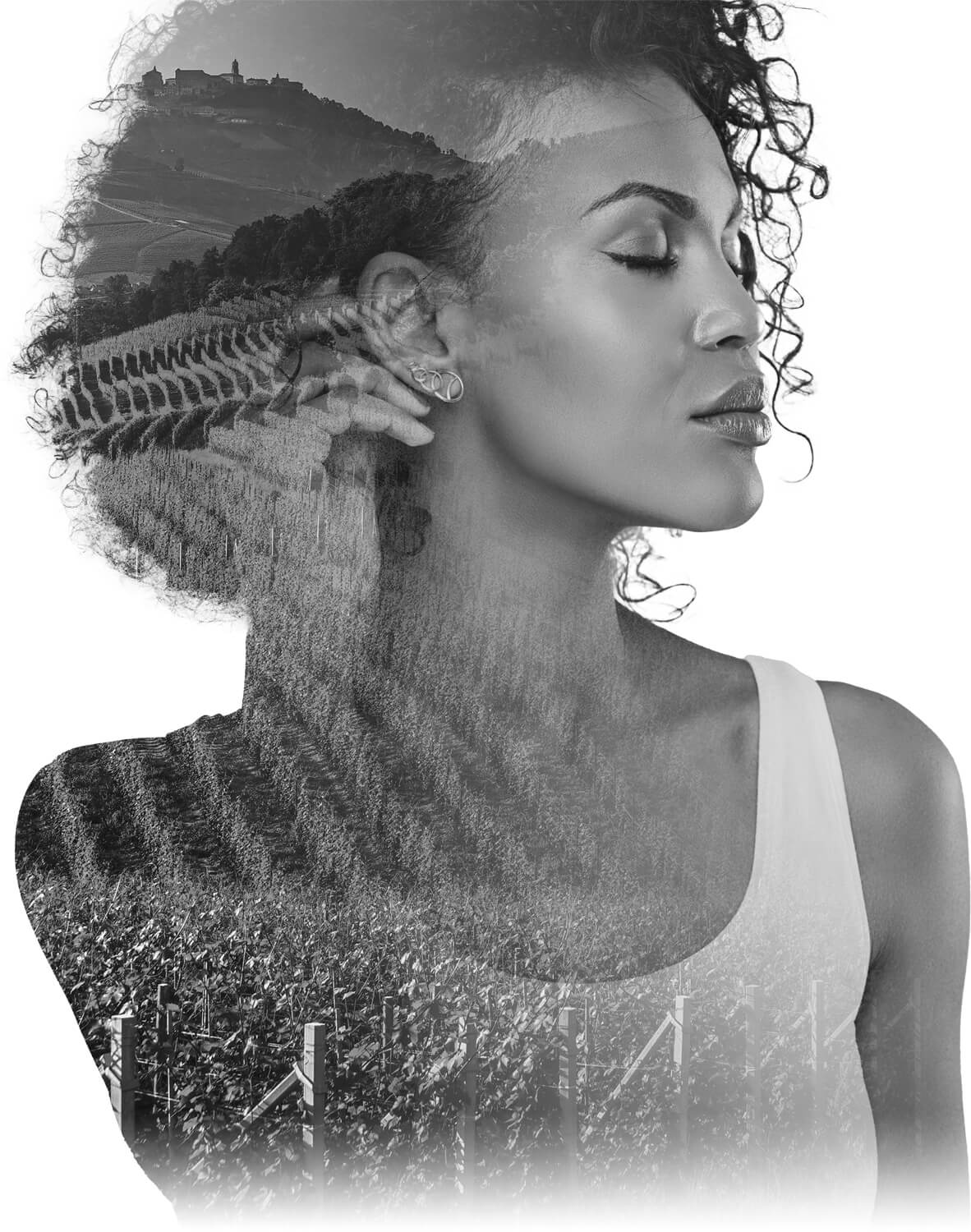 Double exposure Italian vineyard and woman