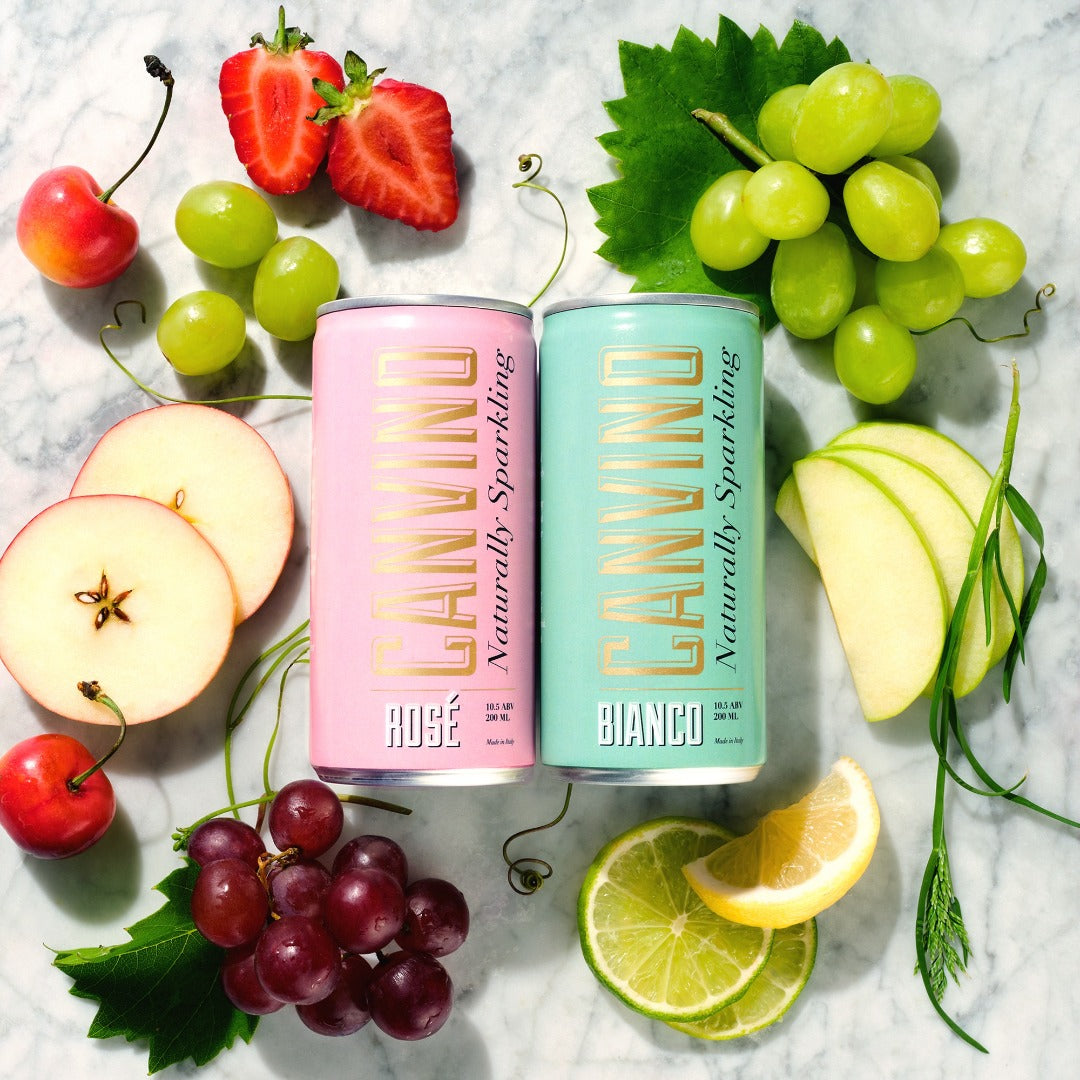 2 cans of Canvino displaying the Rosé and Bianco variants