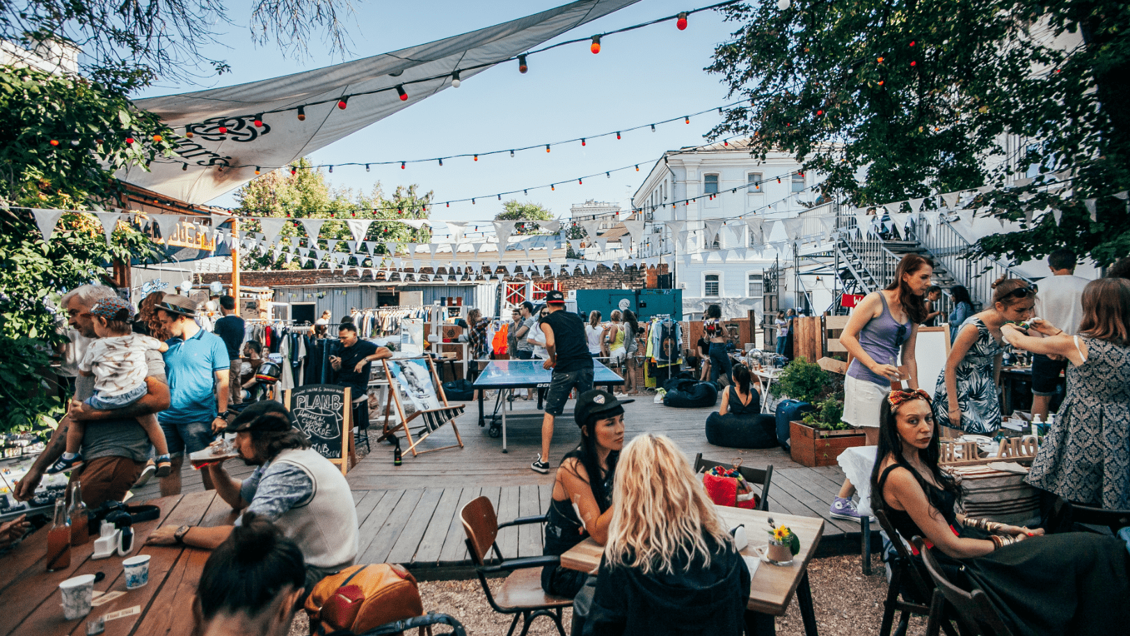 People having fun in outdoor seating area